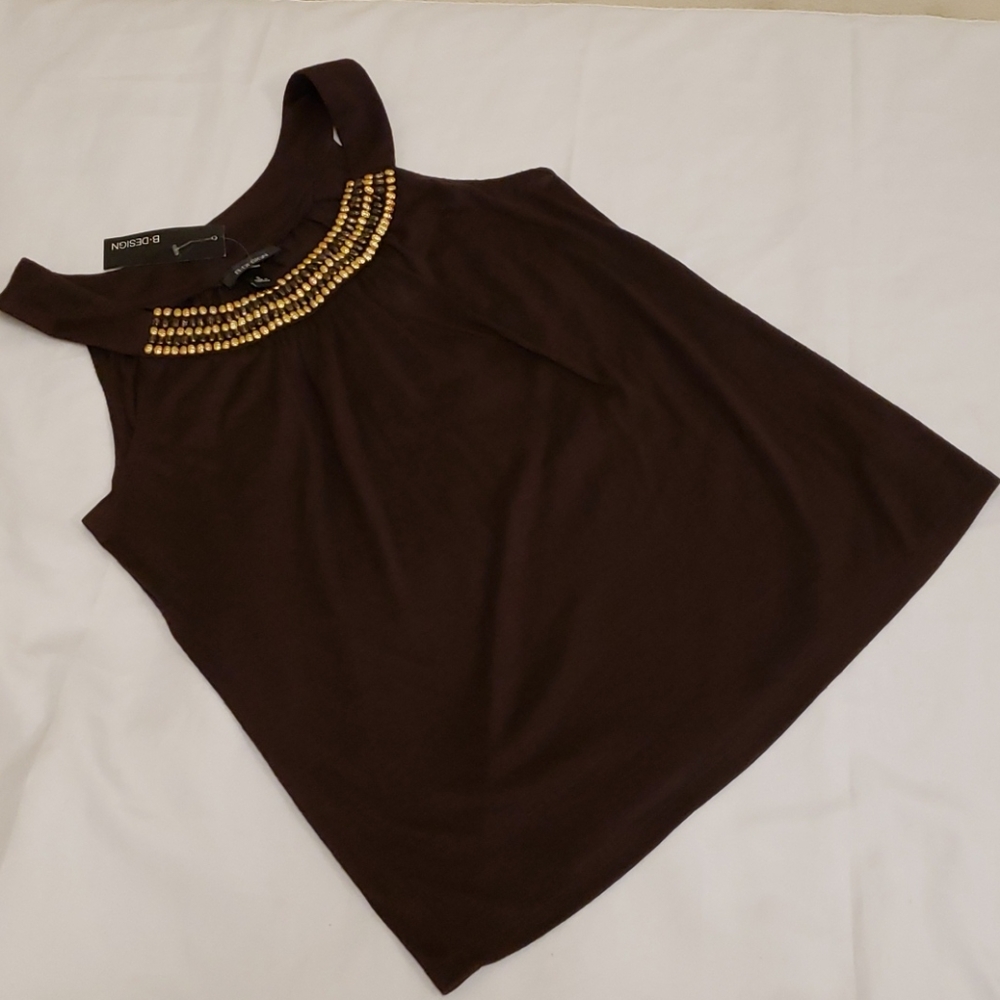 B. Design Beaded Neck Tank Top Brown Gold Women's Small S